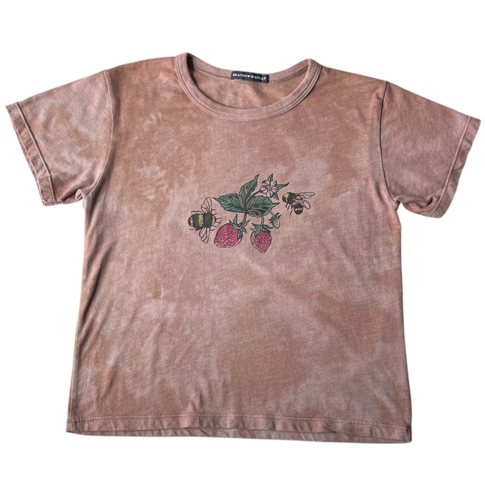 Hand-dyed Brown Brandy Melville Strawberry Bee Graphic Cropped Tee